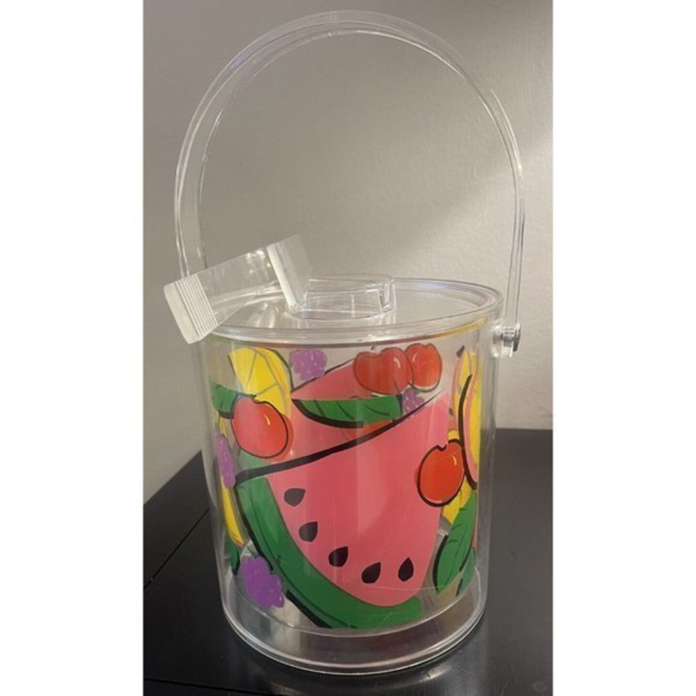 EUC Vintage 1990’s Ice Bucket Fruit Watermelon Acrylic Lucite‎ Plastic Tongs Lid